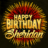 Golden 'Happy Birthday Sheridan' text accompanied by animated rainbow fireworks for a festive animated greeting.