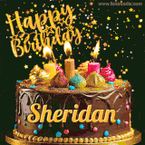 A delightful chocolate birthday cake with bright candles and 'Happy Birthday Sheridan' written in gold amidst a shower of animated stars.