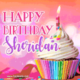 A vibrant birthday GIF featuring a rainbow-colored cupcake topped with white frosting, sprinkles, and a lit candle. The text reads 'Happy Birthday Sheridan' in bold pink and violet letters with white outline.
