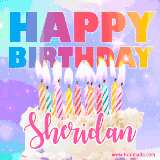 A vibrant animated name GIF with the words 'Happy Birthday Sheridan' with colorful candles on a creamy cake. The background sparkles with pastel shades, adding a festive touch.