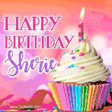 A vibrant birthday GIF featuring a rainbow-colored cupcake topped with white frosting, sprinkles, and a lit candle. The text reads 'Happy Birthday Sherie' in bold pink and violet letters with white outline.
