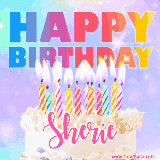 A vibrant animated name GIF with the words 'Happy Birthday Sherie' with colorful candles on a creamy cake. The background sparkles with pastel shades, adding a festive touch.