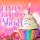 A vibrant birthday GIF featuring a rainbow-colored cupcake topped with white frosting, sprinkles, and a lit candle. The text reads 'Happy Birthday Sherill' in bold pink and violet letters with white outline.
