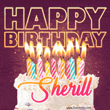 A colorful birthday cake topped with lit candles, with the words 'Happy Birthday Sherill' in bold glowing letters on a burgundy background. Animated flames add a festive touch.
