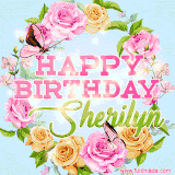 A charming animated GIF featuring 'Happy Birthday Sherilyn' in pink and green text, surrounded by delicate roses, leaves, and fluttering butterflies on a soft light blue pastel background.