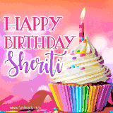 A vibrant birthday GIF featuring a rainbow-colored cupcake topped with white frosting, sprinkles, and a lit candle. The text reads 'Happy Birthday Sheriti' in bold pink and violet letters with white outline.