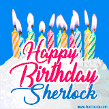 A cheerful animated GIF featuring colorful lit birthday candles on a white cake, with the text 'Happy Birthday Sherlock' in bold red and blue script on a bright blue background.