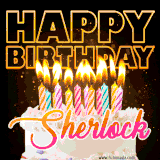 A vibrant animated GIF featuring a delicious birthday cake topped with glowing candles and the name 'Sherlock' in elegant script, and the words 'Happy Birthday' on the black background.