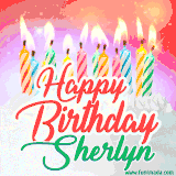 Bright birthday candles with rainbow flames on a cake, alongside the text 'Happy Birthday Sherlyn' in vibrant script in this celebratory animated GIF.