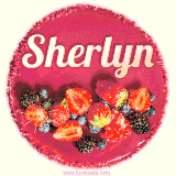 Beautifully decorated red velvet berry birthday cake with vibrant fruits and a glowing 'Sherlyn' name, adding a touch of sweetness and sparkle.