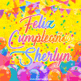A bright and festive GIF with the text 'Feliz Cumpleaños Sherlyn' in Spanish in colorful fonts, surrounded by confetti, balloons, and festive banners on a vibrant yellow background.