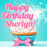 A festive cupcake with pink icing, a gingham bow, and a lit animated sparkler, paired with 'Happy Birthday Sherlyn!' in bright pink text.