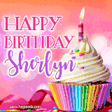 A vibrant birthday GIF featuring a rainbow-colored cupcake topped with white frosting, sprinkles, and a lit candle. The text reads 'Happy Birthday Sherlyn' in bold pink and violet letters with white outline.