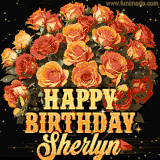 Animated bouquet of orange roses with moving butterfles and golden 'Happy Birthday Sherlyn' text, surrounded by sparkling accents and a dark backdrop for a luxurious feel.