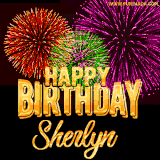 A golden 'Happy Birthday Sherlyn' message with vibrant fireworks in the background, creating a festive and celebratory vibe in this animated name GIF.