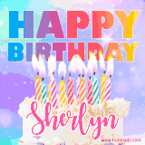 A vibrant animated name GIF with the words 'Happy Birthday Sherlyn' with colorful candles on a creamy cake. The background sparkles with pastel shades, adding a festive touch.