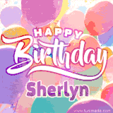 A vibrant name GIF featuring colorful balloons in shades of pink, orange, and yellow with the bold text 'Happy Birthday Sherlyn' in festive fonts, creating a lively birthday vibe.