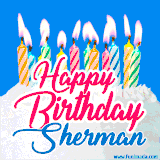 A cheerful animated GIF featuring colorful lit birthday candles on a white cake, with the text 'Happy Birthday Sherman' in bold red and blue script on a bright blue background.