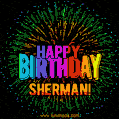 A colorful animated GIF featuring the text 'Happy Birthday Sherman!' in rainbow colors with a dynamic iridescent firework display in the background.