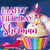 A festive animated GIF featuring a colorful cupcake with a single lit candle, sprinkles, and 'Happy Birthday Sherman' text against a sparkling, celebratory background.