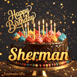 A chocolate frosted birthday cake on a gold stand with lit candles and the name Sherman in bold yellow letters.