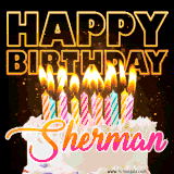 A vibrant animated GIF featuring a delicious birthday cake topped with glowing candles and the name 'Sherman' in elegant script, and the words 'Happy Birthday' on the black background.