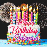 A lively happy birthday animated GIF showcasing a colorful birthday cake covered in sprinkles, topped with glowing candles, and surrounded by vibrant fireworks. The name 'Sherman' is featured in elegant script.
