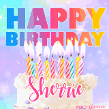 A vibrant animated name GIF with the words 'Happy Birthday Sherrie' with colorful candles on a creamy cake. The background sparkles with pastel shades, adding a festive touch.