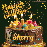 A delightful chocolate birthday cake with bright candles and 'Happy Birthday Sherry' written in gold amidst a shower of animated stars.