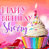 A vibrant birthday GIF featuring a rainbow-colored cupcake topped with white frosting, sprinkles, and a lit candle. The text reads 'Happy Birthday Sherry' in bold pink and violet letters with white outline.