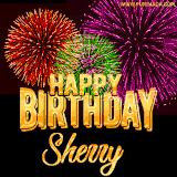 A golden 'Happy Birthday Sherry' message with vibrant fireworks in the background, creating a festive and celebratory vibe in this animated name GIF.