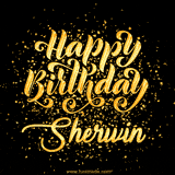 Animated GIF with colorful, festive 'Happy Birthday Sherwin' text decorated with patterns, a party hat, and falling confetti. A vibrant and cheerful design for birthday celebrations.