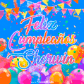 A vibrant animated GIF with 'Feliz Cumpleaños Sherwin' written in colorful script, surrounded by balloons, confetti, and bunting on a bright blue background.