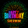 A colorful animated GIF featuring the text 'Happy Birthday Sherwin!' in rainbow colors with a dynamic iridescent firework display in the background.