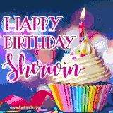 A festive animated GIF featuring a colorful cupcake with a single lit candle, sprinkles, and 'Happy Birthday Sherwin' text against a sparkling, celebratory background.