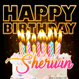A vibrant animated GIF featuring a delicious birthday cake topped with glowing candles and the name 'Sherwin' in elegant script, and the words 'Happy Birthday' on the black background.