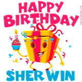 A funny animated birthday GIF with the words 'Happy Birthday Sherwina', colorful gift box with arms and legs, holding a cupcake with a lit candle  with confetti everywhere.