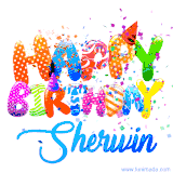 Animated GIF with colorful, festive 'Happy Birthday Sherwin' text decorated with patterns, a party hat, and falling confetti. A vibrant and cheerful design for birthday celebrations.