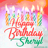Bright birthday candles with rainbow flames on a cake, alongside the text 'Happy Birthday Sheryl' in vibrant script in this celebratory animated GIF.