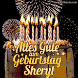 A chocolate birthday cake with glowing candles, the German text 'Alles Gute zum Geburtstag Sheryl,' and vibrant fireworks lighting up the background in an animated GIF.
