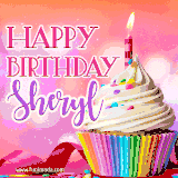 A vibrant birthday GIF featuring a rainbow-colored cupcake topped with white frosting, sprinkles, and a lit candle. The text reads 'Happy Birthday Sheryl' in bold pink and violet letters with white outline.