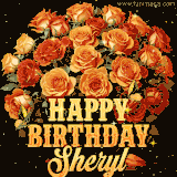 Animated bouquet of orange roses with moving butterfles and golden 'Happy Birthday Sheryl' text, surrounded by sparkling accents and a dark backdrop for a luxurious feel.