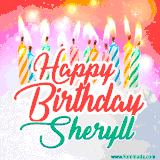 Bright birthday candles with rainbow flames on a cake, alongside the text 'Happy Birthday Sheryll' in vibrant script in this celebratory animated GIF.