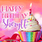 A vibrant birthday GIF featuring a rainbow-colored cupcake topped with white frosting, sprinkles, and a lit candle. The text reads 'Happy Birthday Sheryll' in bold pink and violet letters with white outline.