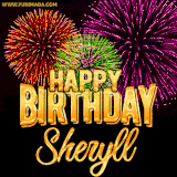 A golden 'Happy Birthday Sheryll' message with vibrant fireworks in the background, creating a festive and celebratory vibe in this animated name GIF.