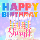A vibrant animated name GIF with the words 'Happy Birthday Sheryll' with colorful candles on a creamy cake. The background sparkles with pastel shades, adding a festive touch.
