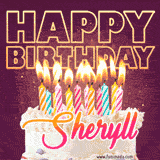 A colorful birthday cake topped with lit candles, with the words 'Happy Birthday Sheryll' in bold glowing letters on a burgundy background. Animated flames add a festive touch.