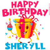 A vibrant and funny gift box character with a happy face dancing with a cupcake and the text 'Happy Birthday Sheryll,' surrounded by animated confetti and party vibes.