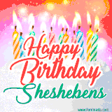 Bright birthday candles with rainbow flames on a cake, alongside the text 'Happy Birthday Sheshebens' in vibrant script in this celebratory animated GIF.