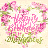 A stunning heart made of pink roses surrounds the elegant script text 'Happy Birthday Sheshebens' on a soft beige background. Animated sparkles add a magical and festive feel.